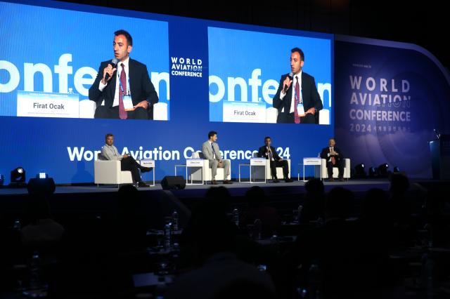 Speakers from Session 1 Efforts to maximize air connectivity engage in QA and discussion at the 2024 World Aviation Conference in Incheon Sept 3 2024 AJP Han Jun-gu