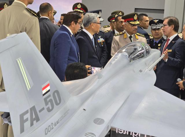 This photo shows Korea Aerospace Industries KAI showcasing its multi-purpose fighter FA-50 to Egyptian officials in Egypt International Air Show EIAS held from Sept 3 to 5 2024 Courtesy of KAI