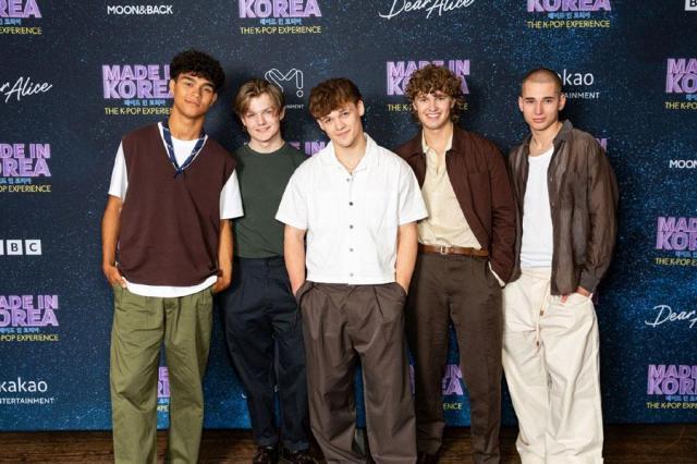 Members of British boy band Dear Alice pose for a photo at a press event in London England on Aug 1 2024 Yonhap