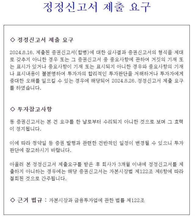 금융감독원의 두산로보틱스 정정신고서 제출 요구 공시 내용 사진금융감독원 전자공시시스템 캡처