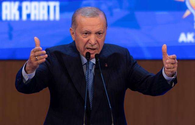 Turkish President Tayyip Erdogan speaks to his supporters at a gathering in Ankara Turkey taken in this file photo on Aug 14 2024