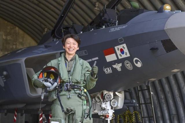 Major Jeong Da-jeong poses for a photo at the Korea Air Forces Seosan Base on Wednesday after completing her first evaluation mission as a test pilot for the KF-21 Courtesy of Republic of Korea Air Force