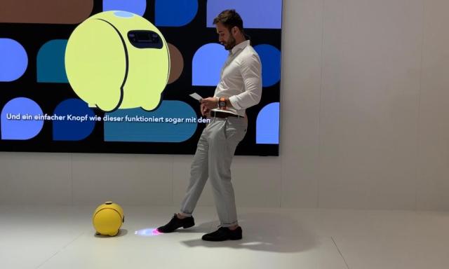 A Samsung Electronics official demonstrates its robot AI assistant robot, Ballie, at IFA in Berlin, on Sept. 5, 2024. Yonhap