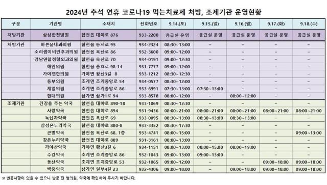 합천군 추석 연휴 중 방역체계 운영 계획표사진합천군