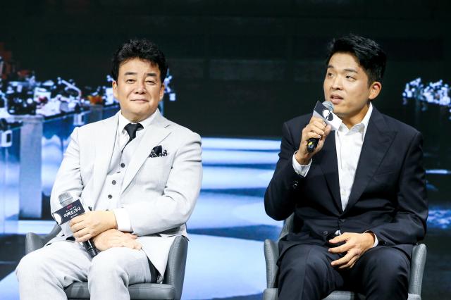 Chef Ahn Sung-jae right speaks during a press conference for Culinary Class Wars in Jongno-gu Seoul on Sept 11 2024 AJP Kim Dong-woo