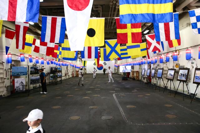 Visitors view exhibits inside the LST-686 a Landing Ship Dock during the 74th anniversary commemoration of the Incheon Landing Operation in Incheon Sep 11 2024 AJP Han Jun-gu