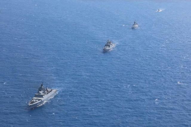 In this photo taken from video released by Russian Defense Ministry press service on Sept 12 2024 Russian warships sail during the Ocean-2024 strategic command and staff exercises in the Mediterranean Sea outside of Tartus Syria AP-Yonhap