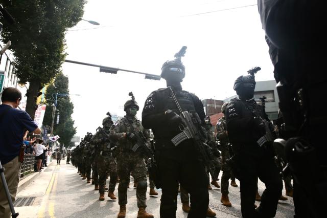 Soldiers march in formation during the commemoration of the 74th anniversary of the Incheon Landing Operation in Incheon Sept 11 2024 AJP Han Jun-gu