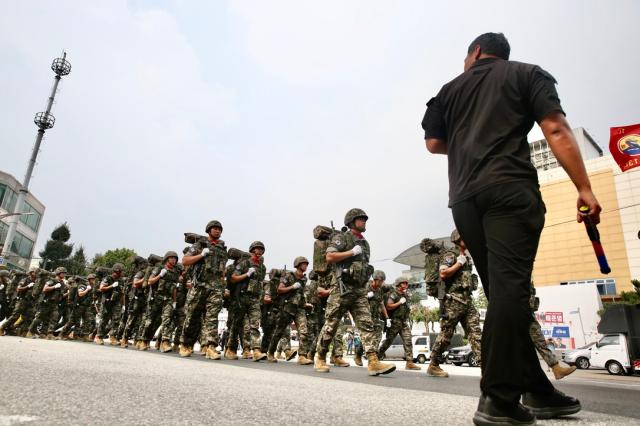 Soldiers march in formation during the commemoration of the 74th anniversary of the Incheon Landing Operation in Incheon Sept 11 2024 AJP Han Jun-gu