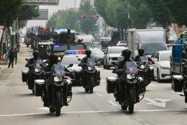 Military police ride motorcycles during the commemoration of the 74th anniversary of the Incheon Landing Operation in Incheon Sept 11 2024 AJP Han Jun-gu