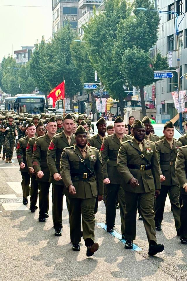 Soldiers march in formation during the commemoration of the 74th anniversary of the Incheon Landing Operation in Incheon Sept 11 2024 AJP Han Jun-gu