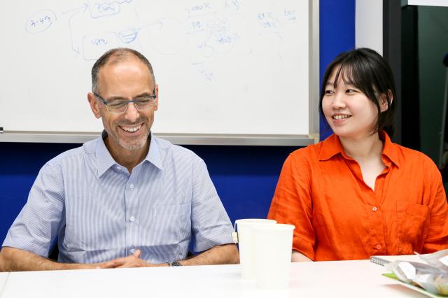 J Artur Serrano left a professor at NTNUs Department of Neuromedicine and Movement Science and KAIST researcher Shin Hee-sun right speak during an interview that took place at the office of Hyodol a Korean carerobot company located in Anyang south of Seoul on Sept 11 SJP Kim Dong-woo