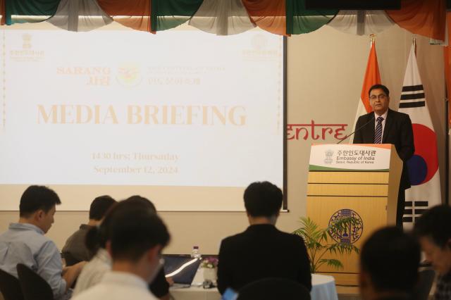 Indian Ambassador to Korea Amit Kumar speaks at the Indian Cultural Center in central Seoul on Sept 12 2024 AJP Han Jun-gu