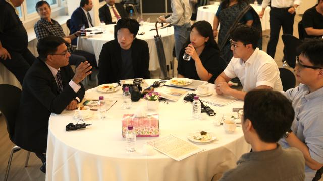 Indian Ambassador to Korea Amit Kumar converses with visitors at a media briefing at the Indian Cultural Center in central Seoul on Sept 12 2024 AJP Han Jun-gu