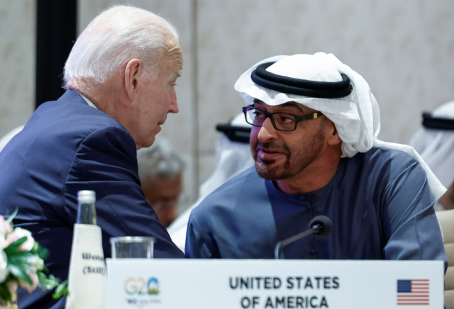 US President Joe Biden talks with UAE President Sheikh Mohamed bin Zayed Al Nahyan during the event at the G20 summit in New Delhi India in this file photo taken on Sept 9 2023 REUTERS-Yonhap