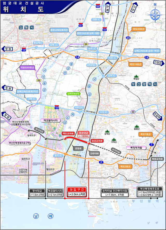 엄궁대교는 도로 총 길이 약 3km에 6차로 규모로 계획돼 있으며 총사업비는 3455억원이 소요될 예정이다사진부산시