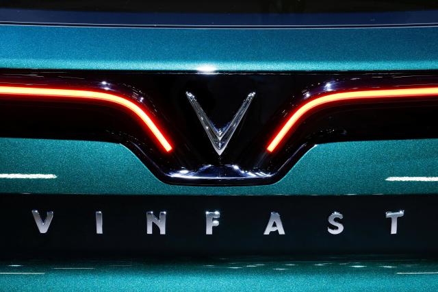  VinFasts logo captured at the 2022 Paris Auto Show in Paris France October 17 2022 REUTERS-Yonhap