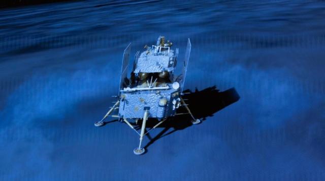 The lander-ascender combination of the Change-6 probe landing on the far side of the moon is seen in this image taken from an animation video at Beijing Aerospace Control Center BACC on June 2 2024 Xinhua-Yonhap