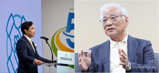 A cropped photo of Korea Zinc Chairman Choi Yun-beom left and Young Poongs advisor Chang Hyung-jin Yonhap