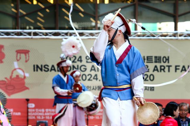 A performer sangmo spinning at the opening of the 2024 Insadong Antique  Art Fair in Insadong Jongno-gu Seoul on Sept 26 2024 AJP Kim Dong-woo