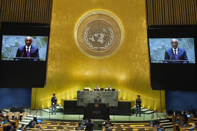 Gen Abdel-Fattah al-Burhan President of the Transitional Sovereign Council of Sudan addresses the 79th session of the United Nations General Assembly at UN headquarters on Sept 26 2024 AP-Yonhap 