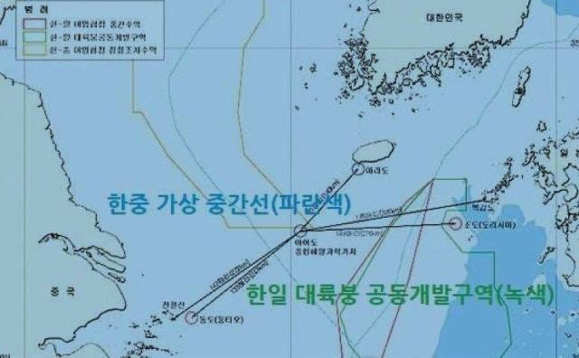 Green lines marking the joint development zone for the continental shelf in the East China Sea established under a bilateral agreement between South Korea and Japan are seen in the bottom right of this image provided by the Korea Maritime Institute 