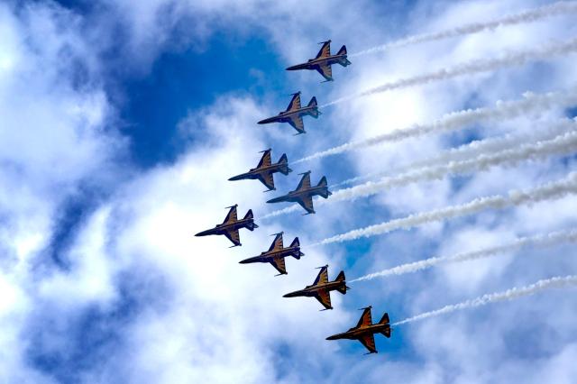 The Black Eagles South Koreas Air Force aerobatic team perform a rehearsal flight over Yongsan-gu Seoul on Sept 28 2024 AJP Kim Dong-woo