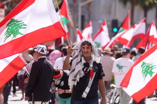 A man holds the Lebanese flag during a protest against Israeli military actions in Lebanon held in Los Angeles US on Sept 29 2024 AFP-Yonhap