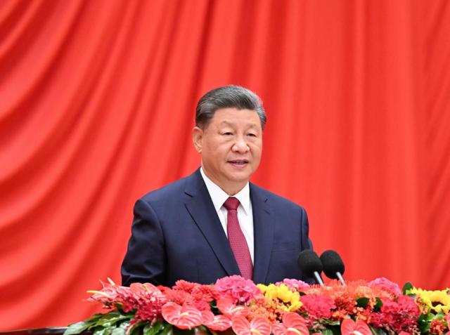 Chinese President Xi Jinping delivers a speech at a reception marking the 75th anniversary of the founding of the Peoples Republic of China at the Great Hall of the People in Beijing on September 30 2024 Xinhua-Yonhap