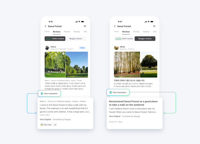 Naver Map offers multilingual translation for visitor reviews