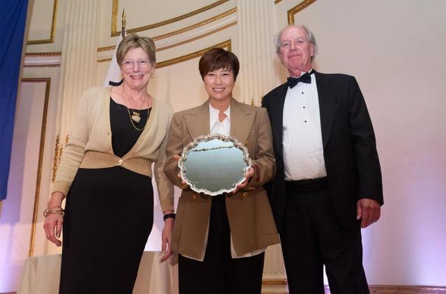 From left Kathleen Stephens Chair of The Korea Society Se-ri Pak recipient of the Van Fleet Award and Thomas Byrne President of The Korea Society pose for a photo at The Plaza Hotel in New York on October 1 2024 Courtesy of BAZ International