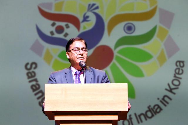 Indian Ambassador to Korea Amit Kumar delivers remarks at the Sarang Festival of India in Korea held at Yonsei Universitys Centennial Hall in Seodaemun-gu Seoul on Oct 1 2024 AJP Kim Dong-woo