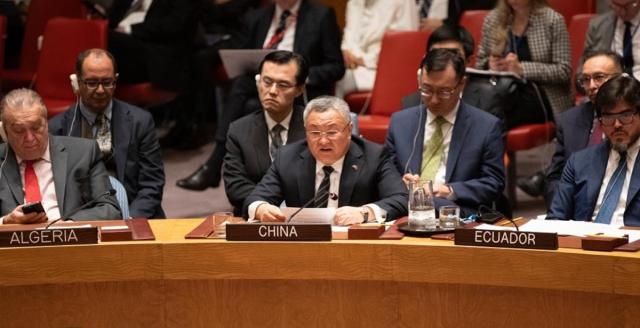 Fu Cong center Chinas permanent representative to the United Nations speaks during a UN Security Council briefing on the Lebanese-Israeli situation at the UN headquarters in New York on October 2 2024 Xinhua-Yonhap