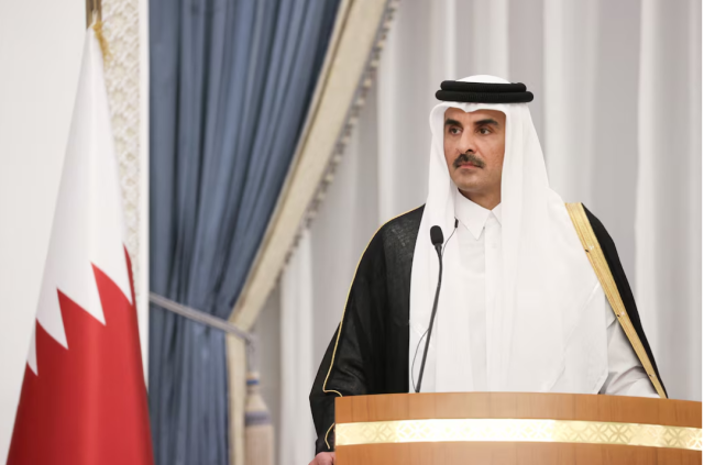 Qatars Emir Sheikh Tamim bin Hamad al-Thani speaks at a press conference in Doha Qatar in this file photo taken on Oct 2 2024 REUTERS - Yonhap