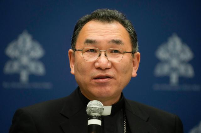 Tokyo Archbishop Tarcisio Isao Kikuchi speaks in a press conference at the Vatican May 16 2023 AP-Yonhap