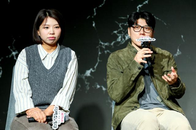 Director Kim Hak-min right speaks during the Culinary Class Wars press conference in Mapo-gu Seoul on Oct 7 2024