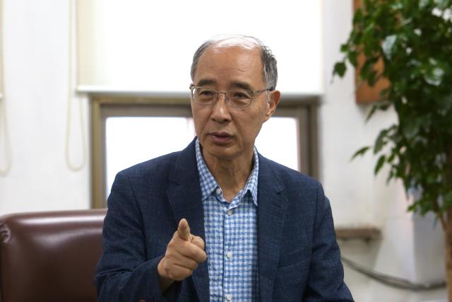 Kim Ju-won a professor emeritus at Seoul National University and president of the Korean Language Society speaks during an interview at his office on Sept 23 2024AJP Han Jun-gu