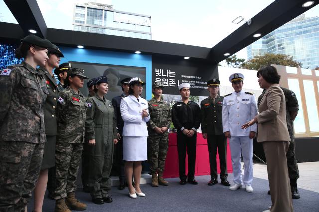 Minister of Patriots and Veterans Affairs Kang Jung-ai delivers a speech to veterans at the Military veterans week event at COEX in Seoul on Oct 8 2024 AJP Han Jun-gu