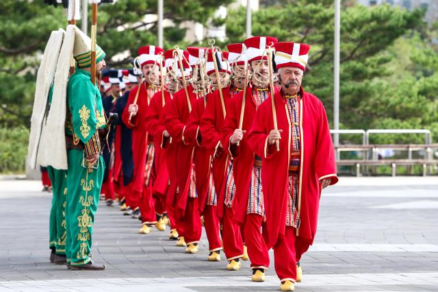 The Turkish Mehter military band enters during their performance at the War Memorial of Korea in Seoul on Oct 8 2024 AJP Kim Dong-woo