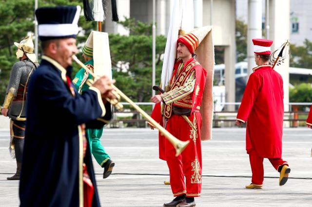 The Turkish Mehter military band enters during their performance at the War Memorial of Korea in Seoul on Oct 8 2024 AJP Kim Dong-woo