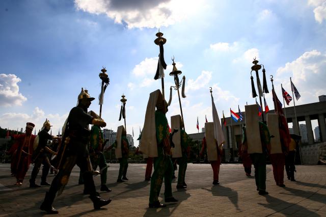 The Turkish Mehter military band exits after their performance at the War Memorial of Korea in Seoul on Oct 8 2024 AJP Kim Dong-woo