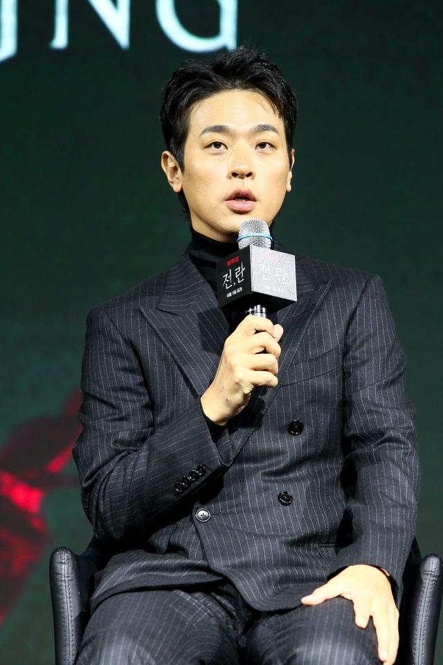 Actor Park Jeong-min speaks during a press conference for Uprising in Seoul on Oct 10 2024 AJP Kim Dong-woo