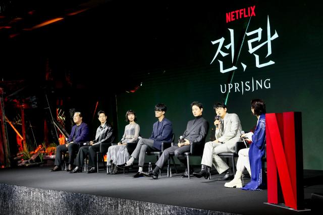 Director and cast members answer questions during a press conference for Uprising in Seoul on Oct 10 2024 AJP Kim Dong-woo