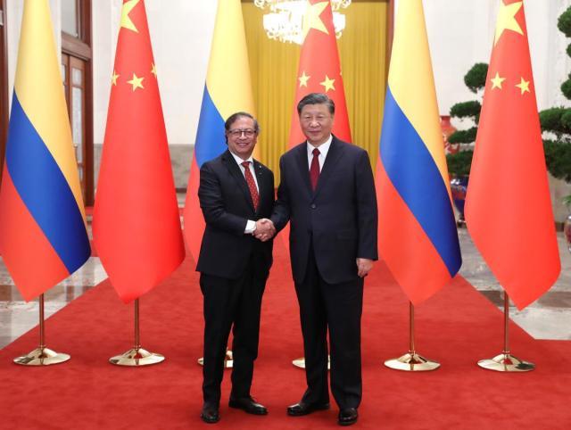 Chinese President Xi Jinping right shakes hands with Colombian President Gustavo Francisco Petro Urrego at the Northern Hall of the Great Hall of the People in Beijing China in this file photo taken in October 2023 Xinhua-Yonhap