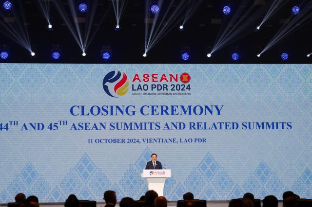 Laos Prime Minister Sonexay Siphandone speaks during the closing ceremony of the 44th and 45th ASEAN Summits in Vientiane Laos Oct 11 2024 REUTERS-Yonhap