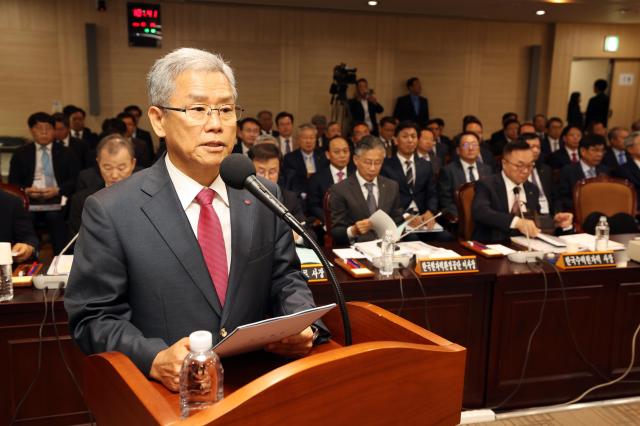 김동철 한국전력공사 사장이 14일 전남 나주시 한국전력공사 본사에서 열린 산업통산자원중소벤처기업위원회 국정감사에서 업무보고를 하고 있다사진연합뉴스