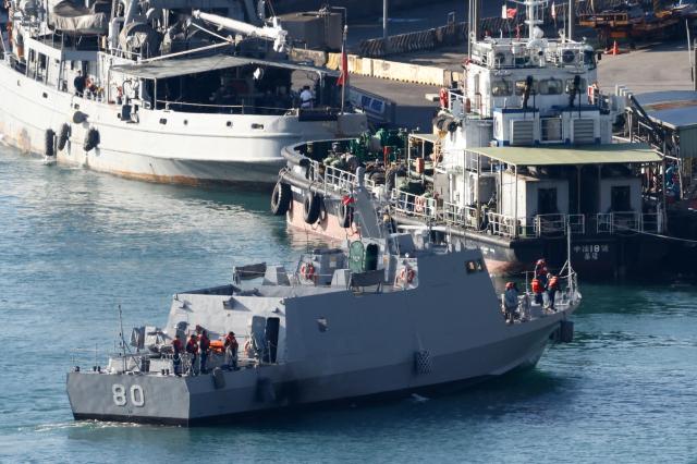 This photo shows Taiwan Navy Kuang Hua VI-class missile boats maneuvering at the Keelung military harbor in Keelung City Taiwan after the Chinese Peoples Liberation Army PLA announced military drills around Taiwan Oct 14 2024 EPA-Yonhap