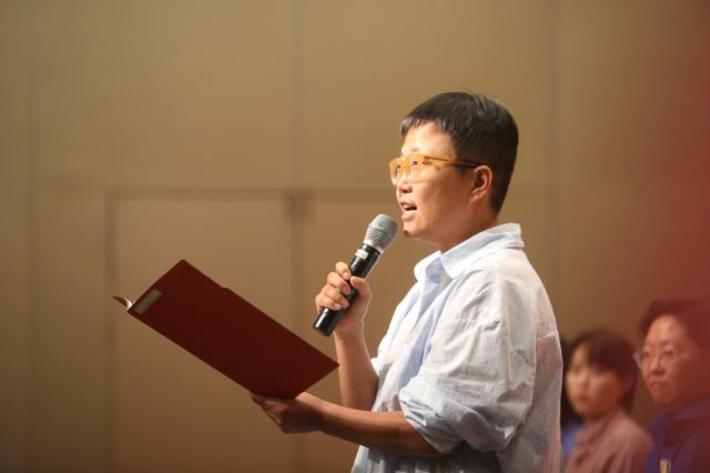 Son Moon-sookWife of a same-sex couple gives a speech at the press conference for a lawsuit seeking to legalize LGBT in Seoul on Oct 10 2024 AJP Han Jun-gu