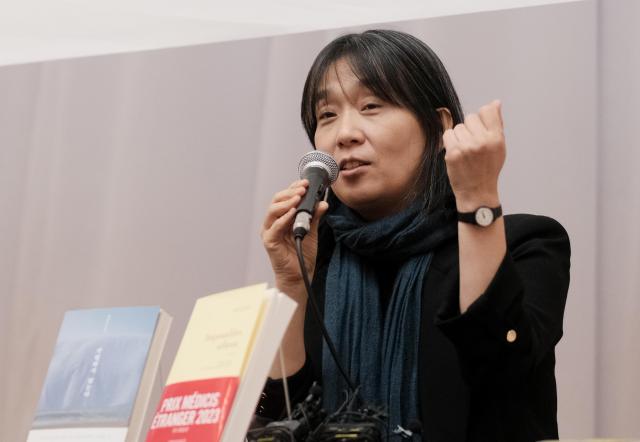 This file photo shows novelist Han Kang who won the 2024 Nobel Prize in Literature speaking during a news conference in Seoul on Nov 14 2023 Yonhap