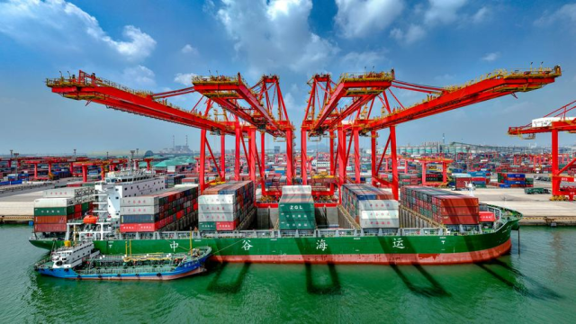 A drone photograph captured on August 22 2024 shows an aerial view of the container terminal at Rizhao Port located in Rizhao Shandong Province eastern China Xinhua-Yonhap